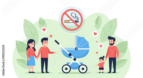 Family with stroller and no smoking sign for healthy environment