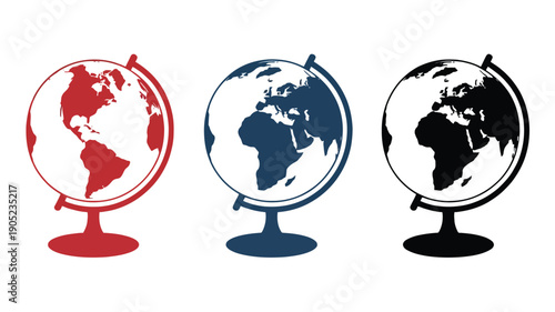 Three globes in red, blue, and black on a white background