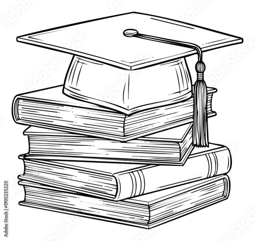 Black outline drawing of an academic graduation cap on a stack of books symbolizing higher education and scholarly achievement, perfect for educational materials or graduation celebration