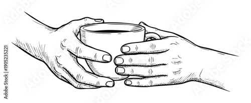 Human hands sharing a warm beverage mug illustrating concepts of generosity support and comfort perfect for health wellness and community outreach campaigns
