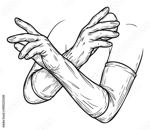 A confident gesture of two crossed female arms in long elegant sleeves, conveying a message of prohibition or protection, perfect for expressive media projects.