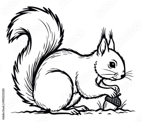 Charming squirrel line drawing holding an acorn while foraging on the ground, ideal for naturethemed projects, childrens educational content, or woodland animal designs.