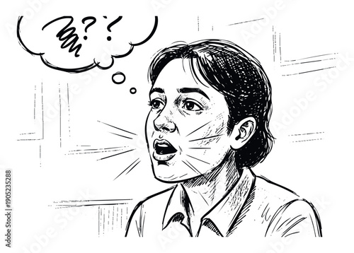 Young person urgently speaking or shouting with a thought bubble depicting swirling confusion and inquiry, ideal for illustrating communication difficulties or emotional states in graphic