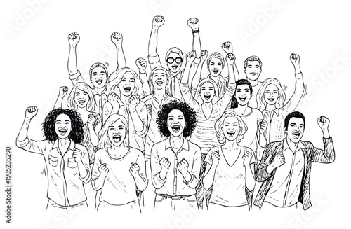 A diverse group of Black and Hispanic individuals along with other men and women raising fists in triumph, perfect for campaigns promoting unity, empowerment, and collective achievement.