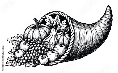 A classic harvest cornucopia overflowing with fresh autumn produce like pumpkins, grapes, and apples, perfect for seasonal celebrations, holiday decorations, and traditional fall themes.