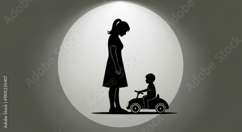 Mother Watching Child Riding Toy Car Silhouette Illustration