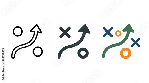 Strategic Play Diagram with Arrows, Circles, and X's in Three Styles
