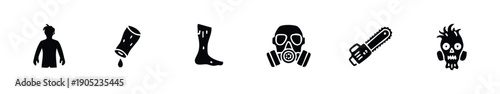 Striking horror and survival themed icons featuring a zombie figure, severed body parts, gas mask, powerful chainsaw, and eerie monster head for thrilling game graphics.