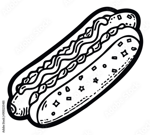 Hand drawn hot dog with toppings doodle line art graphic for fast food menu designs, snack advertisements, or culinary blog posts appealing to casual dining
