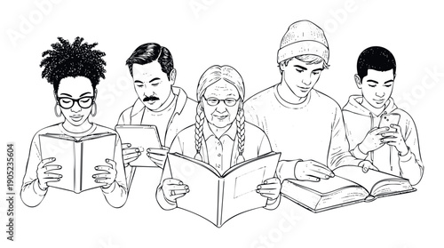 Diverse group of people, including a Black woman and an Asian man, reading traditional books, digital tablets, and smartphones, representing modern education and lifelong learning.