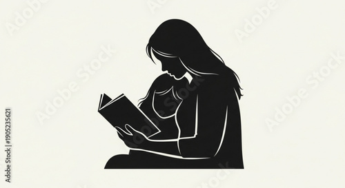 Woman Reading Book Silhouette Isolated on White Background