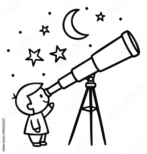 Young child observing celestial bodies with a large telescope, fostering curiosity and exploration of the night sky, perfect for educational materials or sciencethemed promotions