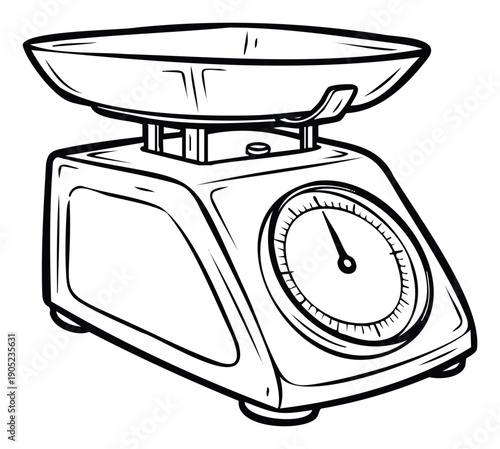 Classic kitchen scale line drawing for baking and cooking recipe books, food measurement tutorials, or culinary educational materials