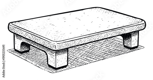 Handdrawn black and white ink sketch of a simple rectangular wooden stool or low bench ideal for childrens furniture designs, rustic home decor, or craft projects.