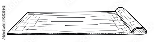 A simple handdrawn sketch of a mat partially unrolled, depicting a textured surface and coiled end, useful for craft projects, educational resources, or decorative purposes