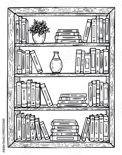 Monochrome sketch of a full bookshelf with stacked and upright books, an indoor plant, and a stylish vase, suitable for academic, library, or home decor related visual materials.