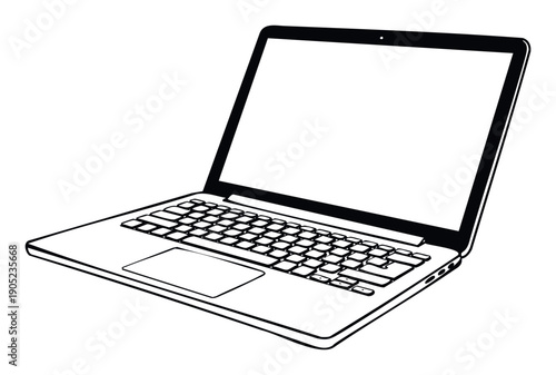 Black and white line drawing of an open laptop with a blank screen, perfect for illustrating digital technology, online education, or modern business communication in various graphic