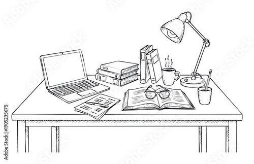 Organized study or work desk featuring a laptop, books, steaming coffee mug, reading glasses, and notes, ideal for concepts of education, remote learning, or productive home office settings.