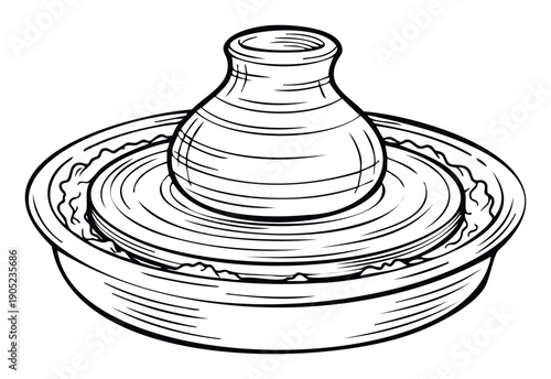 Detailed line drawing of a clay pot being expertly shaped on a spinning potters wheel, ideal for craft publications, educational resources, or workshop advertisements.