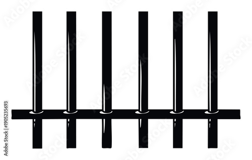 Simple graphic illustration of black vertical bars uniformly aligned and held by a horizontal beam symbolizing restriction or security for various media applications