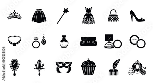 A lovely collection of princess and fairy tale essentials including tiara, elegant dress, shoes, and magic wand, suitable for party invitations, decorations, or childrens themes.