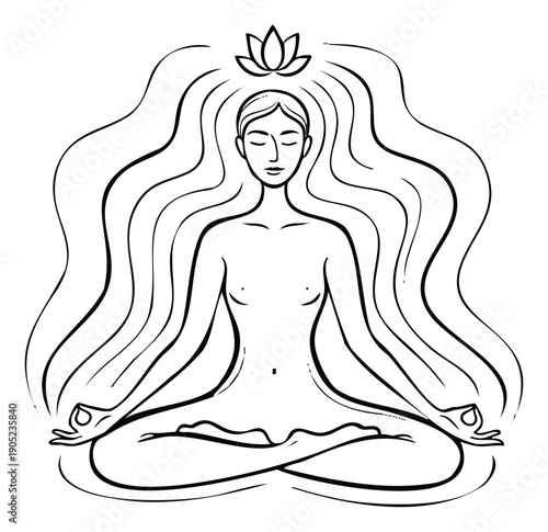 Serene woman meditating in lotus pose with long flowing hair and a sacred lotus flower above her head, symbolizing spiritual growth and inner peace for holistic wellness projects