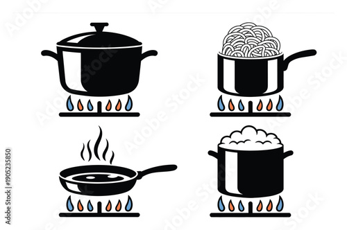 Set of Icons Depicting Cooking Pots and Pans on a Gas Stove
