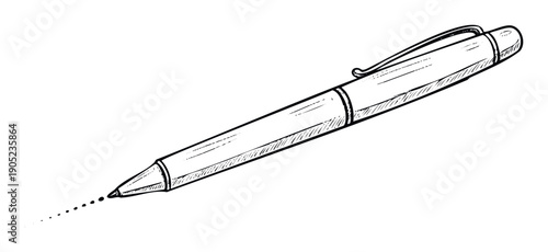 Handdrawn sketch of a modern ballpoint pen creating a dotted line, ideal for educational materials, office supplies promotions, or ideation and writing project graphics.