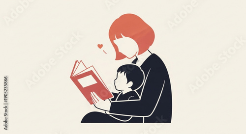 Mother Reading to Child with Love, Simple Illustration Style