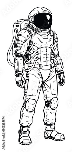 Standing astronaut in a detailed fullbody space suit, perfect for illustrating themes of space exploration, future missions, and scientific discovery in educational books and adventure game