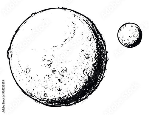 Monochrome hand drawn grunge style planetary illustration depicting two celestial bodies with textured surfaces and shaded forms ideal for space exploration and science themed visual content