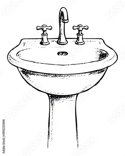 Vintage inspired porcelain washbasin featuring a graceful pedestal base and classic threepiece faucet arrangement, ideal for plumbing product catalogs or domestic sanitaryware advertisements