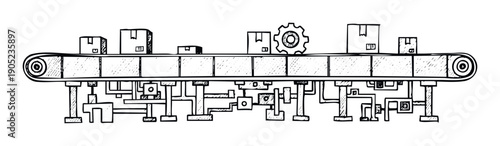Detailed line drawing of an intricate manufacturing system featuring a moving conveyor transporting boxes, representing complex processes and industrial efficiency for engineering or supply
