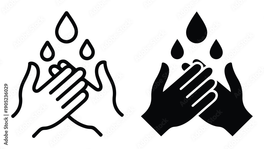 Fototapeta premium Iconographic representation of washing hands with water drops, in outline and solid black styles
