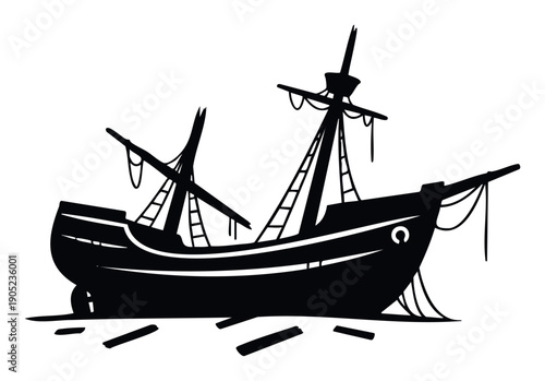 A weathered and abandoned old pirate shipwreck stands as a ghostly silhouette, perfect for historical adventure games, maritime exploration themes, and storytelling presentations