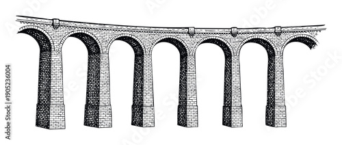 Ancient stone aqueduct or multiarch bridge structure rendered in a classical engraved style, suitable for historical education, architectural studies, or engineering presentations