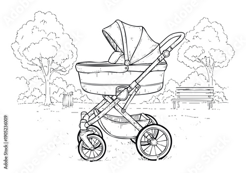Classic baby carriage line drawing in a park setting perfect for childrens coloring books parenting blogs or nursery decor projects