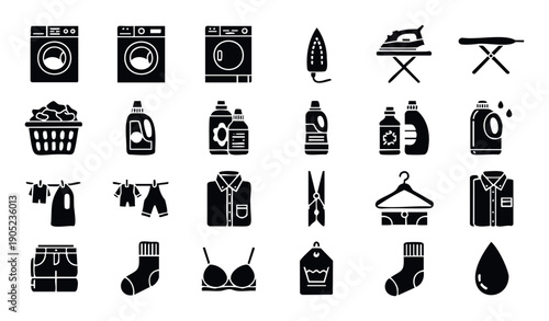 A comprehensive collection of laundry and washing process icons, featuring machines, detergents, ironing tools, drying items, and various clothing pieces, ideal for home service