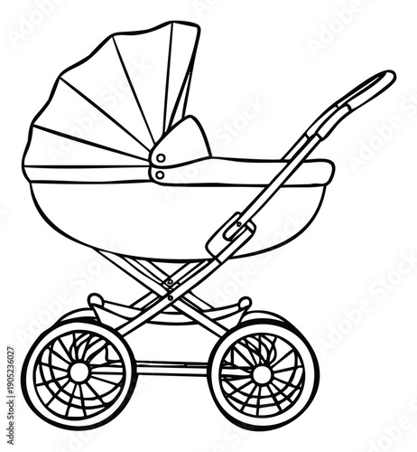 Detailed black and white line drawing of a classic vintage baby carriage providing a charming visual for nursery decor and infant care product marketing materials.