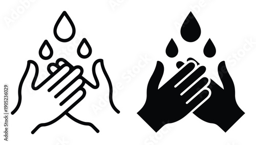 Iconographic representation of washing hands with water drops, in outline and solid black styles