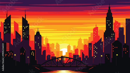 Pixelated cityscape at sunset, with buildings, bridge, water, and warm colors