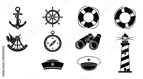 Collection of essential marine navigation and sailing symbols perfect for travel brochures maritime history projects and oceanthemed graphic presentations