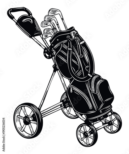 Black and white outline drawing of a golf bag filled with various clubs on a wheeled trolley, perfect for sports equipment catalogs, golf course promotional materials, or active lifestyle