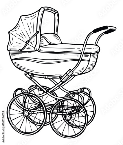 Classic baby carriage design with large spoked wheels, canopy, and traditional bassinet, perfect for parenting blogs, baby product catalogs, or vintage family history projects.