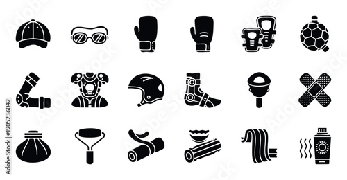 Diverse set of sports equipment, safety gear, and recovery essentials for athletic training, injury prevention, and postworkout care, suitable for active lifestyle projects.