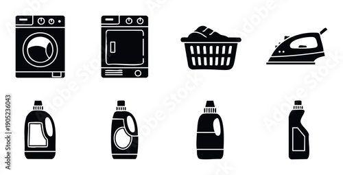 Essential laundry household appliances and chemical supplies icons for home care, dry cleaning service applications, or product packaging concepts