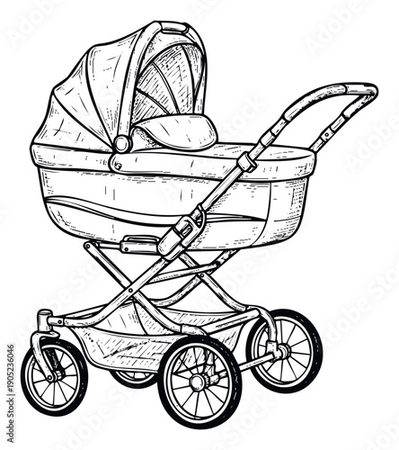 Classic baby stroller hand drawn outline sketch for parenting blogs and childrens store graphics featuring a vintage pram design perfect for baby product advertising.