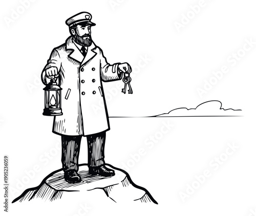 A bearded captain character in a long coat stands firmly on a rocky elevation, holding a lit lantern and a bunch of keys, symbolizing guidance, responsibility, and discovery for business or