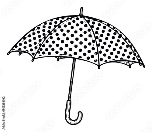 A stylish black and white polka dot umbrella drawing providing shelter from rain, perfect for weather forecasts, seasonal promotions, and rainy day themes.
