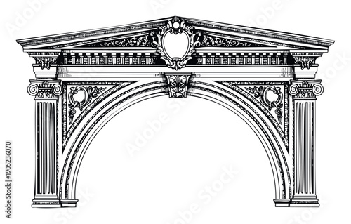 Elegant black and white line drawing of a classical architectural archway with ornate columns and decorative frieze ideal for historical building design or sophisticated interior decor